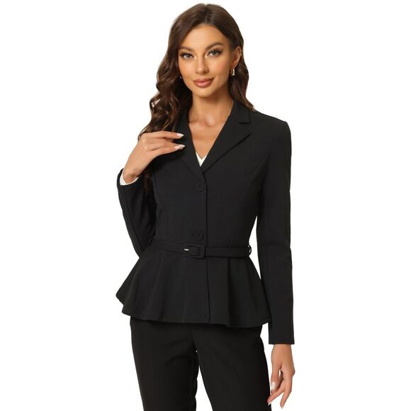 Ruffle Hem Belted Notched Lapel Work Blazers Black - Picture 1 of 5